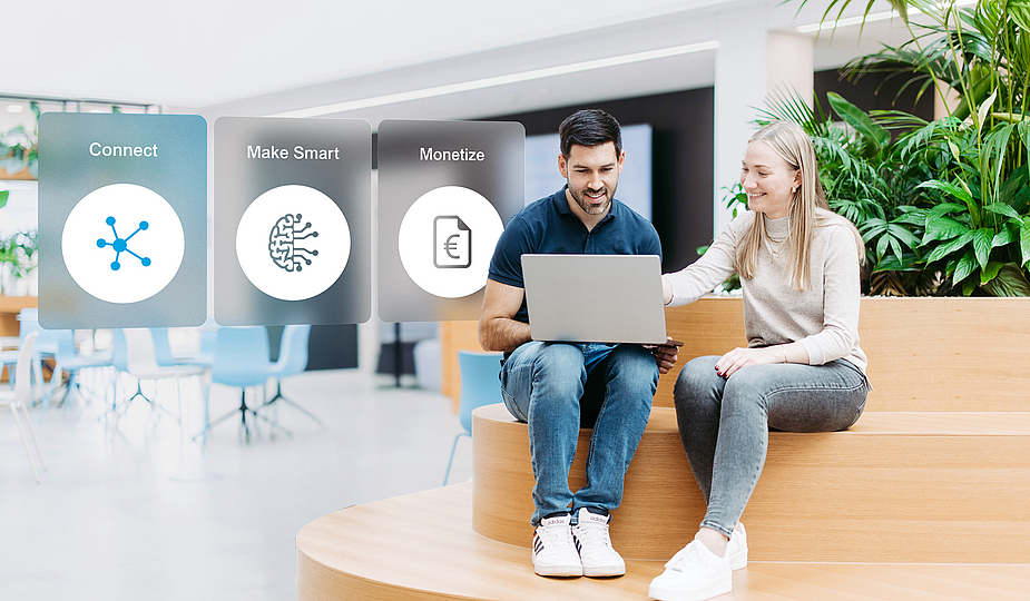 dreiklang_connect_keyvisual_doubleslash Zwei Menschen sitzend mit einem Laptop. Daneben drei schwebende Icons, wovon das linke hervorgehoben ist.
